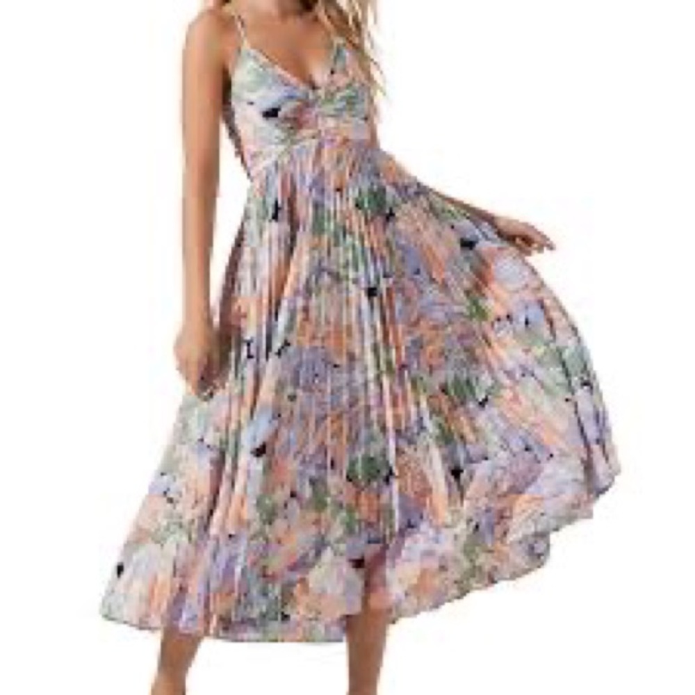 Astr Pleated Floral Maxi Dress in Pastel Peach, Lavender & Green